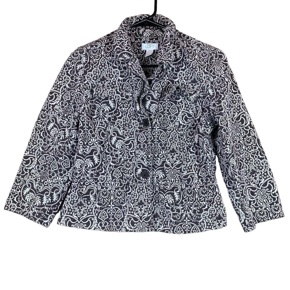 Ann Taylor LOFT Jacket Brown Cream Button Jacquard Pattern Academia Stretch 6